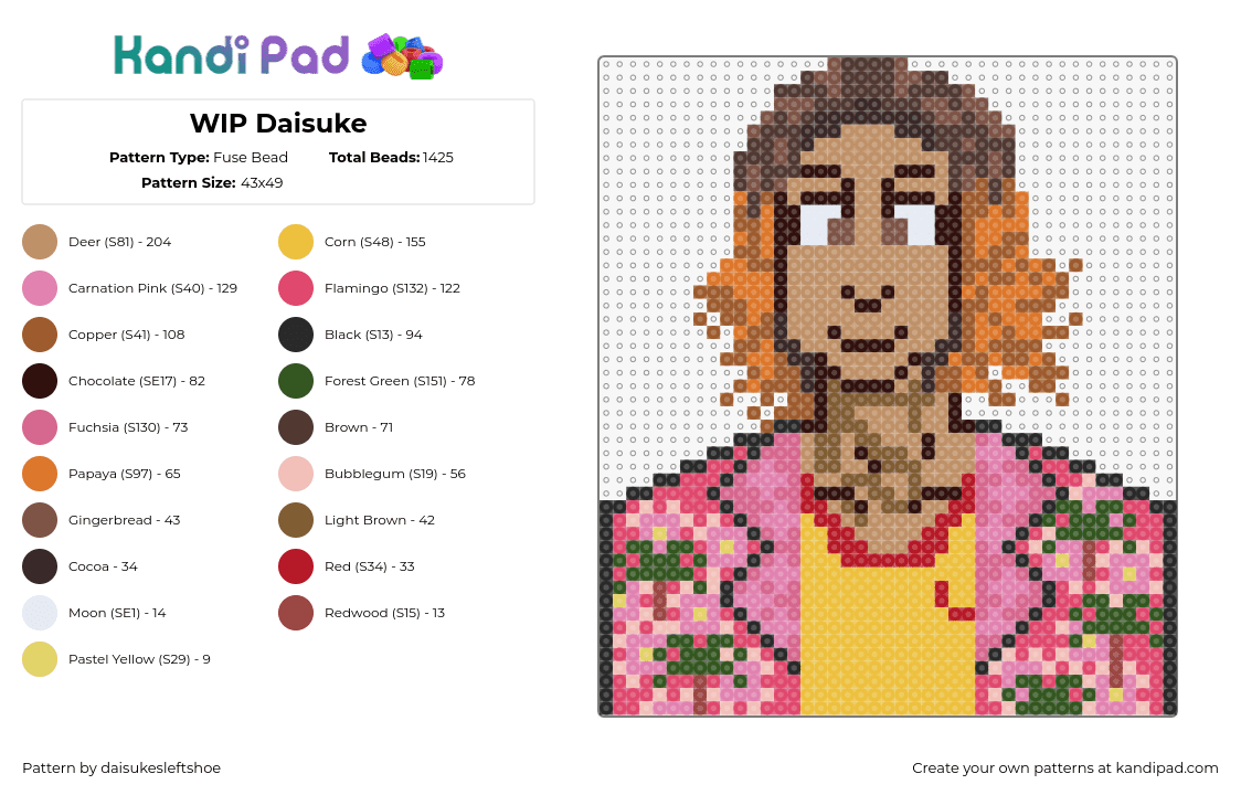 Daisuke from mouthwashing! - Fuse Bead Pattern by daisukesleftshoe on Kandi Pad - daisuke,mouthwashing,portrait,video game,horror,character,pink,tan,brown,yellow