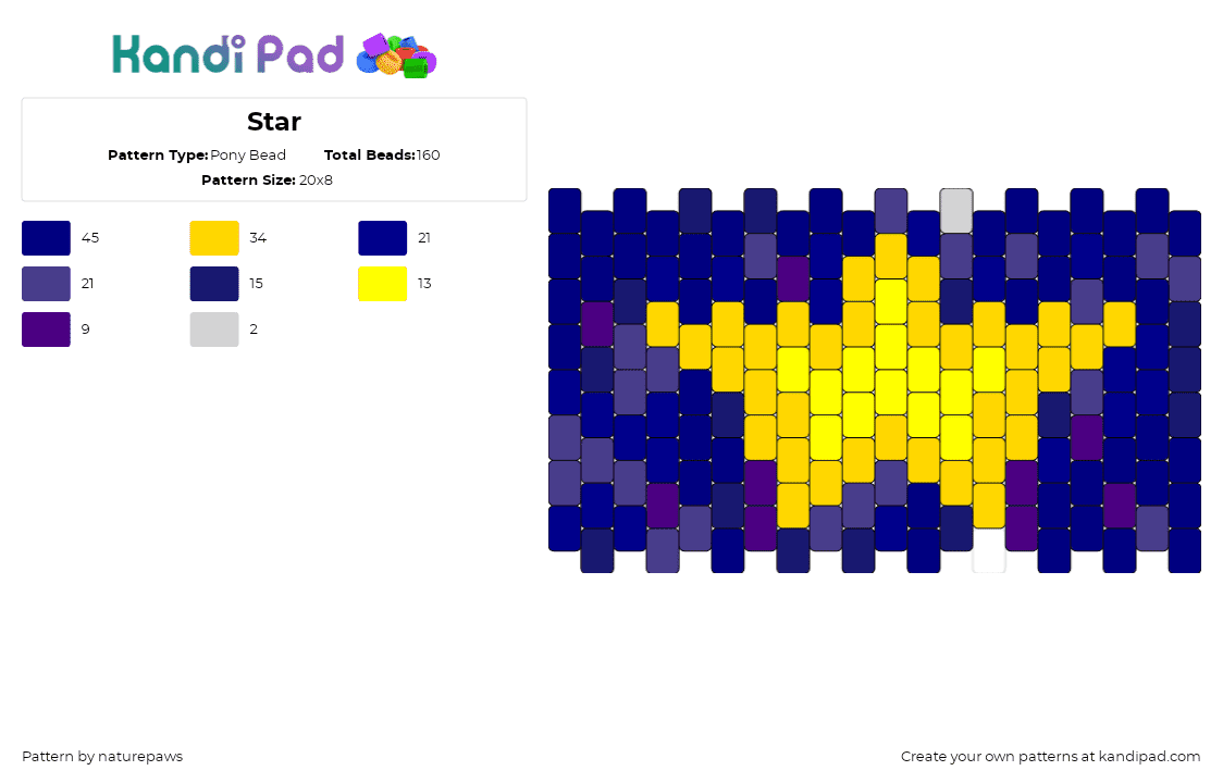 Star - Pony Bead Pattern by naturepaws on Kandi Pad - star,night,cuff,yellow,blue