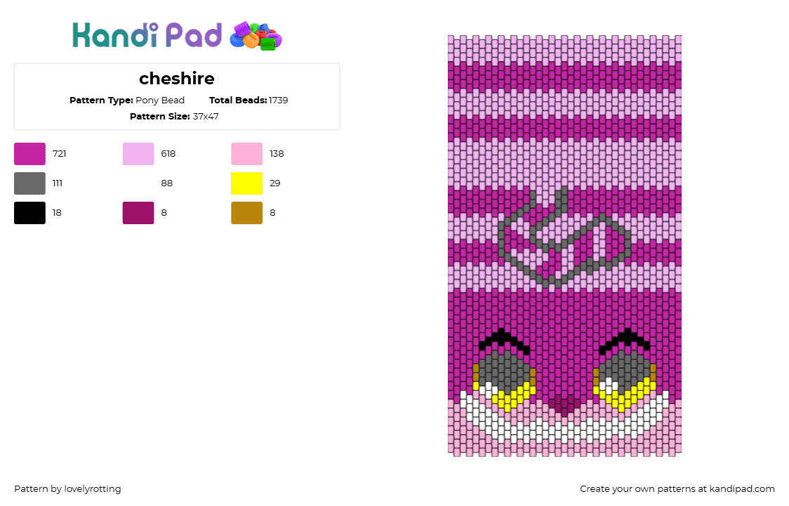 cheshire - Pony Bead Pattern by lovelyrotting on Kandi Pad - cheshire cat,alice in wonderland,panel,smile,stripes,story,fantasy,pink