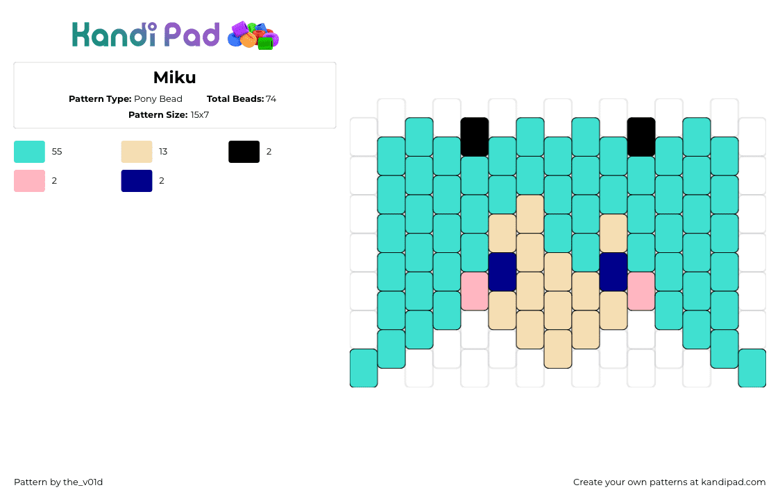 Miku - Pony Bead Pattern by the_v01d on Kandi Pad - hatsune miku,vocaloid,project sekai,music,head,teal,tan