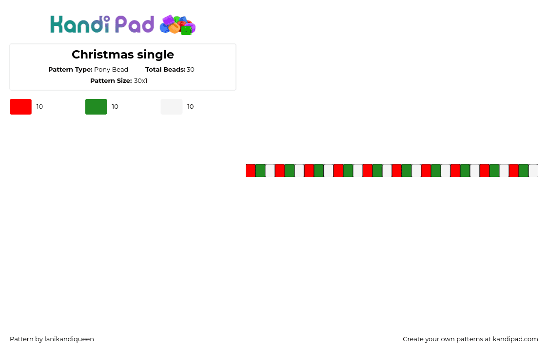 Christmas single - Pony Bead Pattern by lanikandiqueen on Kandi Pad - christmas,single,bracelet,red,green,white