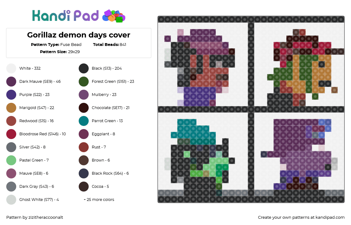Gorillaz demon days cover - Fuse Bead Pattern by zizitheraccoonalt on Kandi Pad - white,pink,red,gold,teal,colorful
