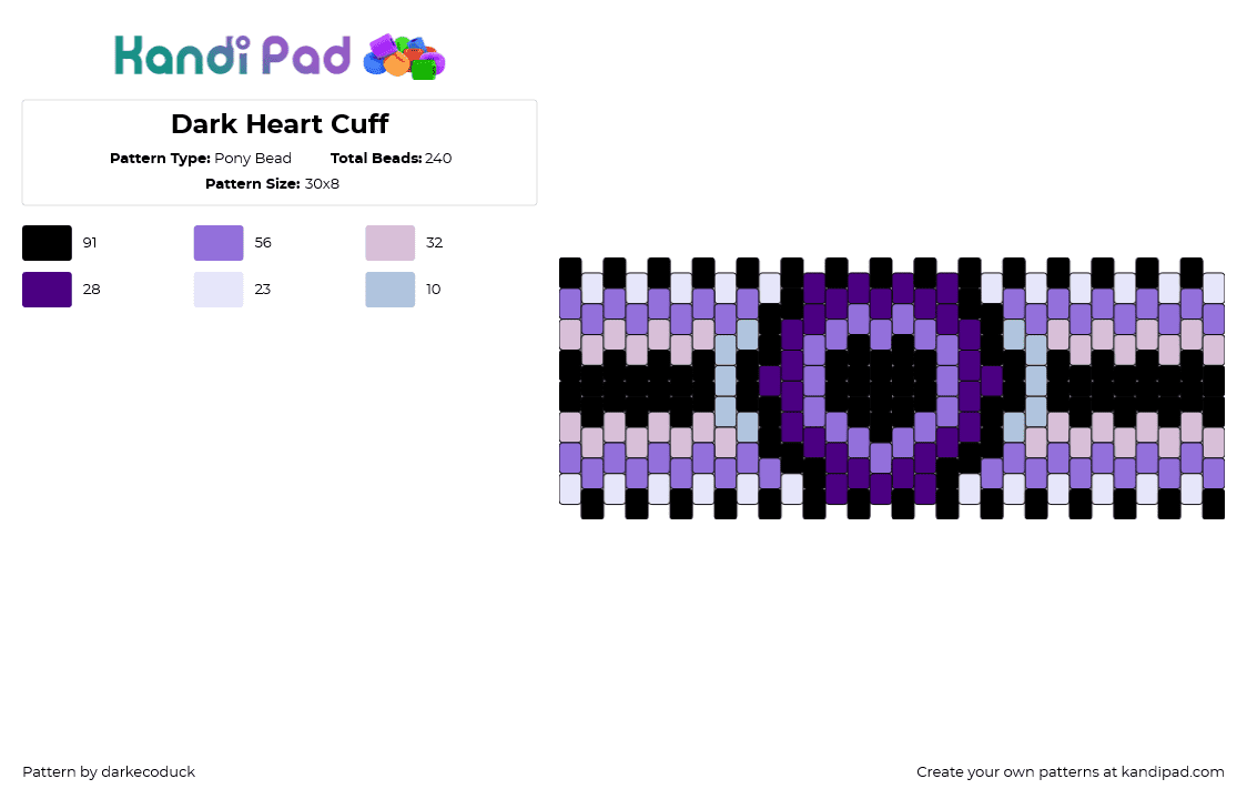 Dark Heart Cuff - Pony Bead Pattern by darkecoduck on Kandi Pad - dark,heart,cuff,zipper,purple,black