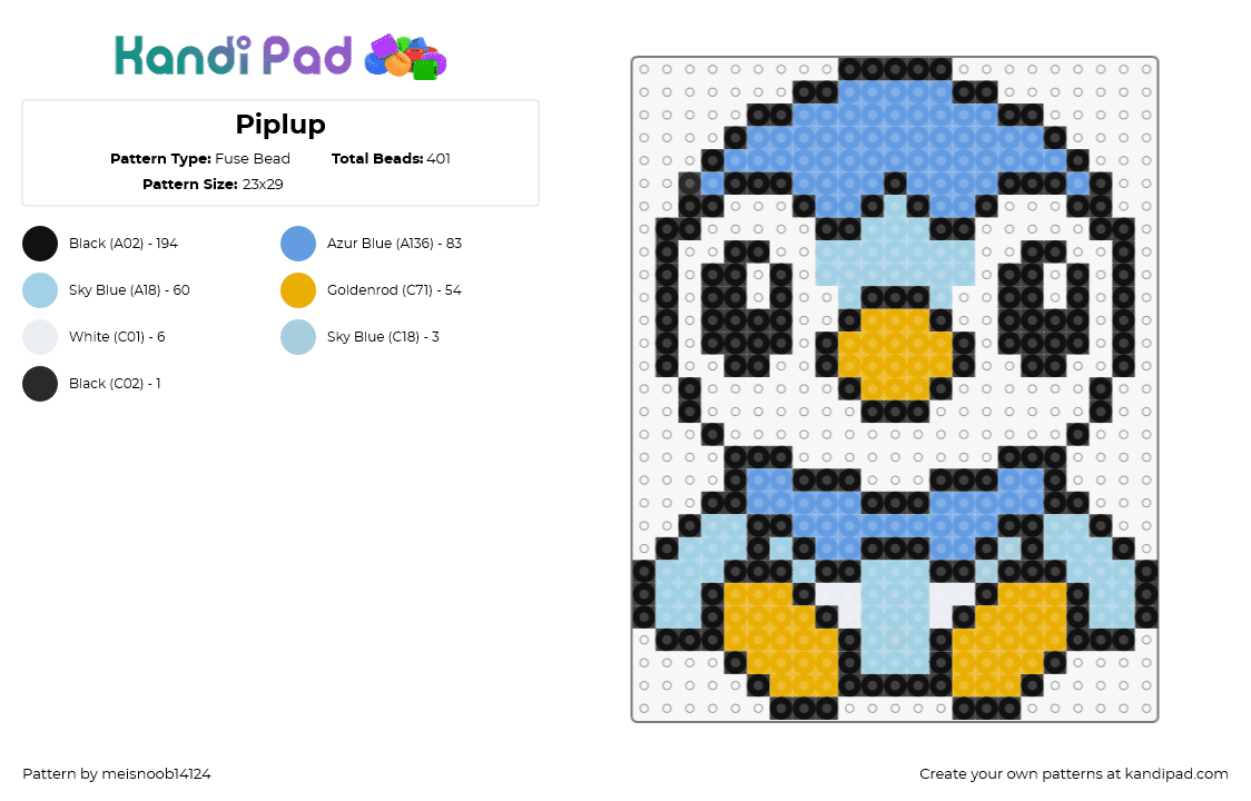 Piplup - Fuse Bead Pattern by meisnoob14124 on Kandi Pad - piplup,pokemon,character,gaming,penguin,cute,light blue,yellow