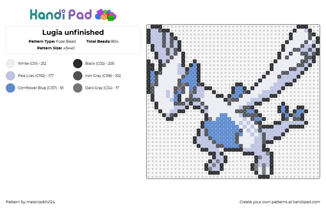 Lugia unfinished - Fuse Bead Pattern by meisnoob14124 on Kandi Pad - lugia,pokemon,character,gaming,white,light blue