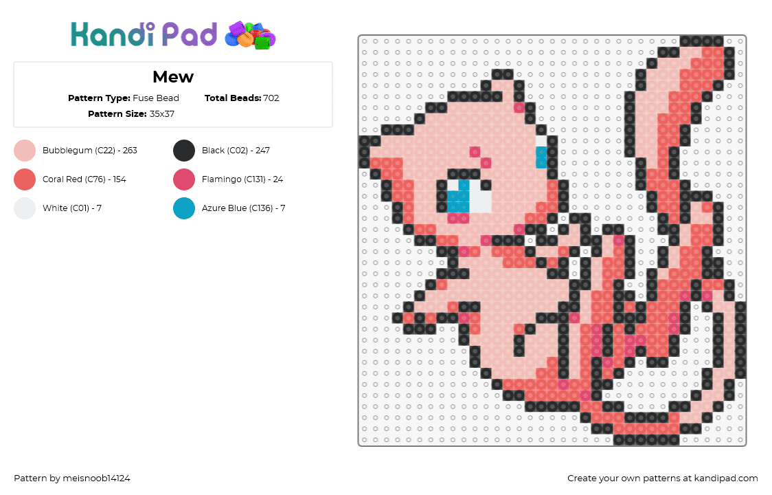 Mew - Fuse Bead Pattern by meisnoob14124 on Kandi Pad - mew,pokemon,character,gaming,nintendo,pink