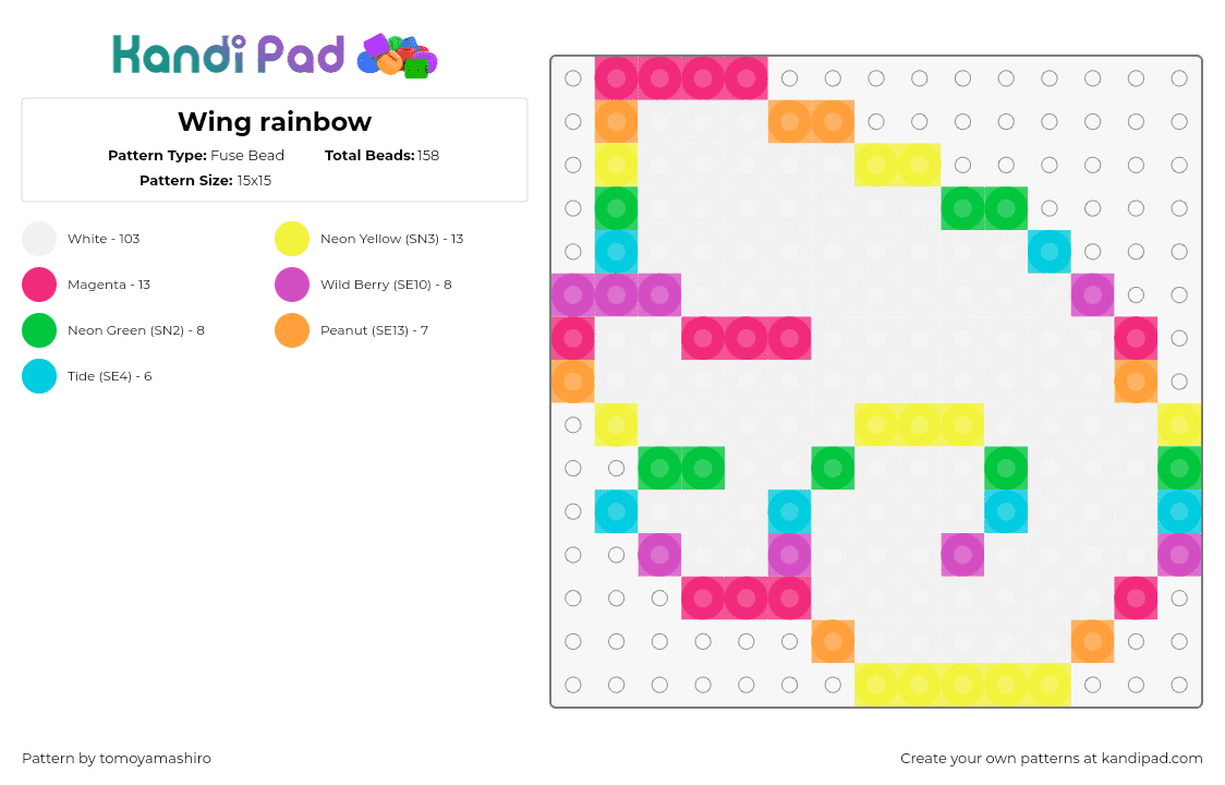 Wing rainbow - Fuse Bead Pattern by tomoyamashiro on Kandi Pad - wing,bright,colorful,neon,white,pink,yellow,green