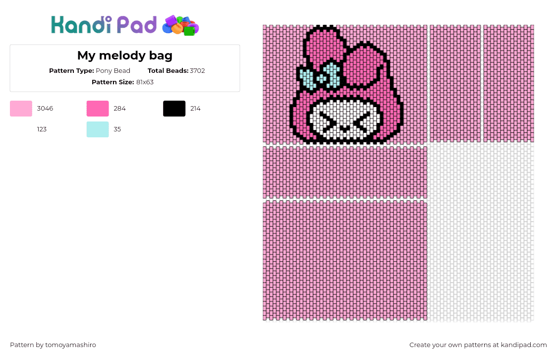 My melody bag - Pony Bead Pattern by tomoyamashiro on Kandi Pad - my melody,sanrio,bag,panels,pink