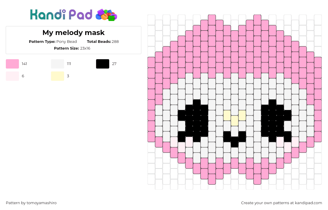 My melody mask - Pony Bead Pattern by tomoyamashiro on Kandi Pad - my melody,sanrio,mask,kawaii,face,pink,white