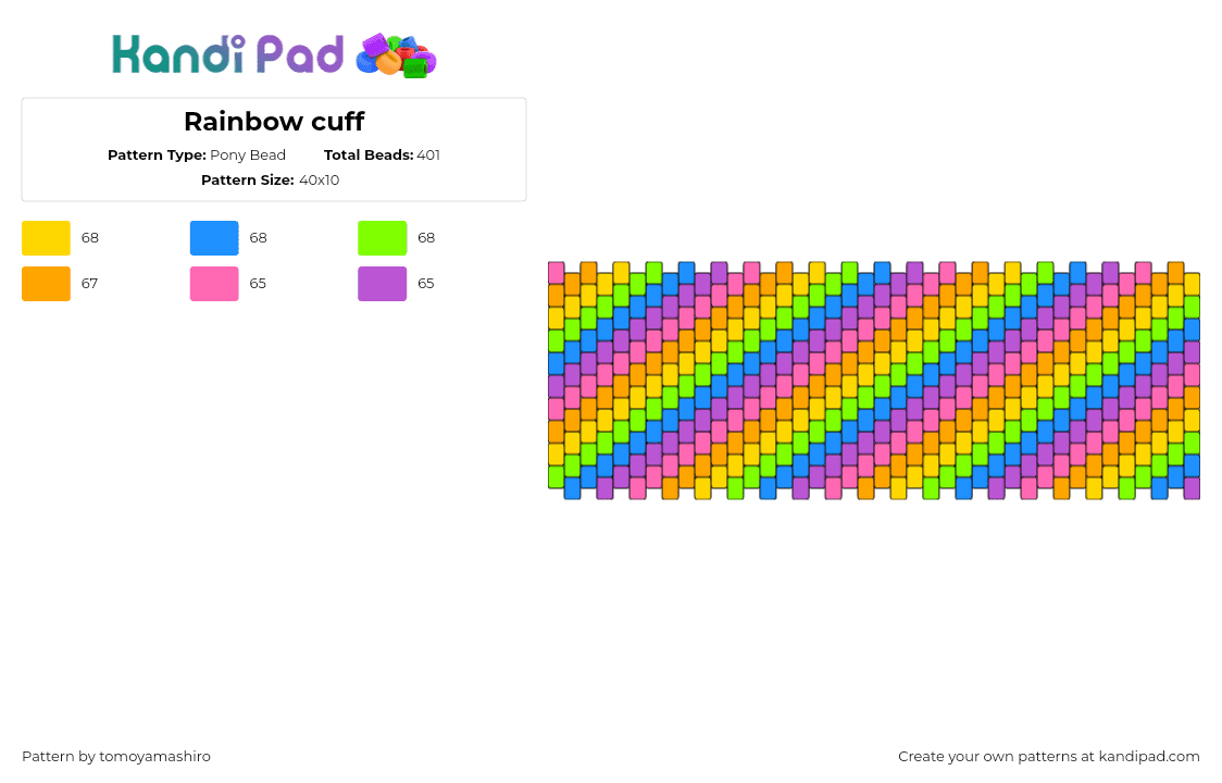 Rainbow cuff - Pony Bead Pattern by tomoyamashiro on Kandi Pad - neon,diagonal,stripes,cuff,bright,colorful,green,pink,orange