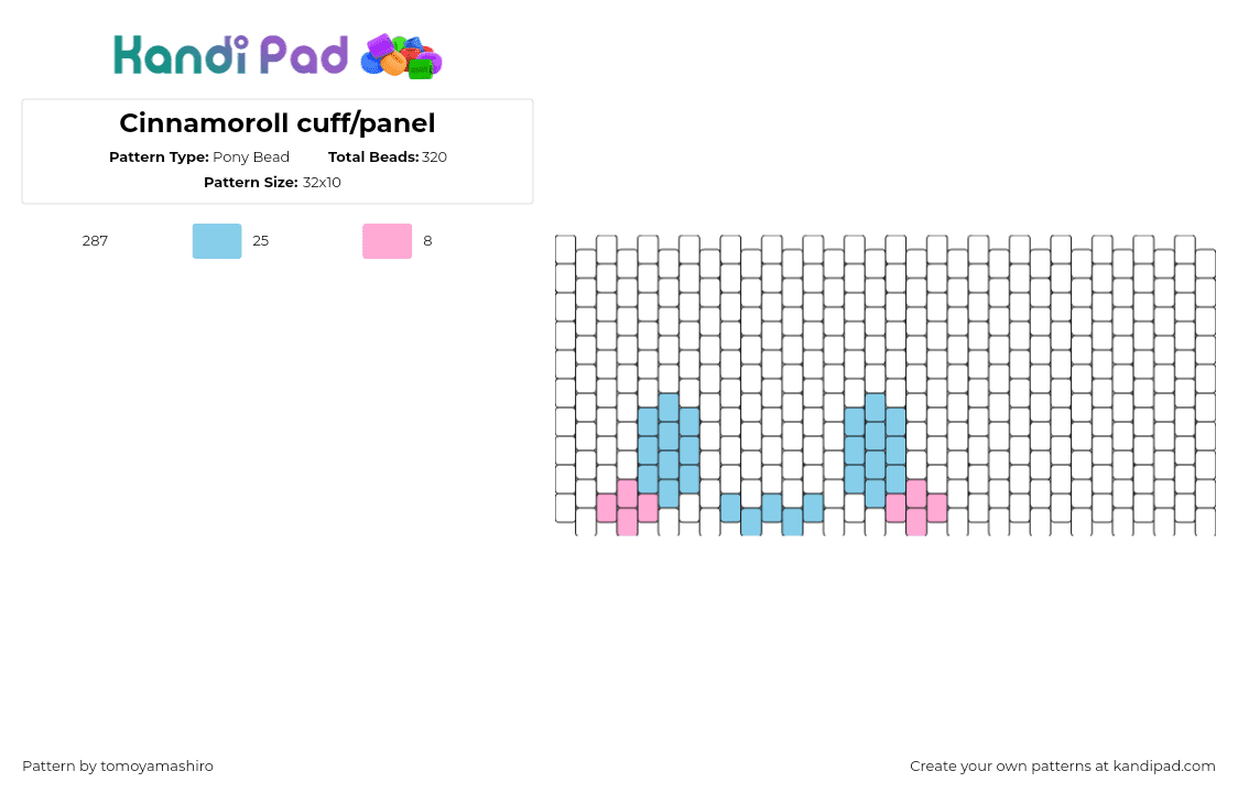 Cinnamoroll cuff/panel - Pony Bead Pattern by tomoyamashiro on Kandi Pad - cinnamoroll,sanrio,face,cuff,white,light blue