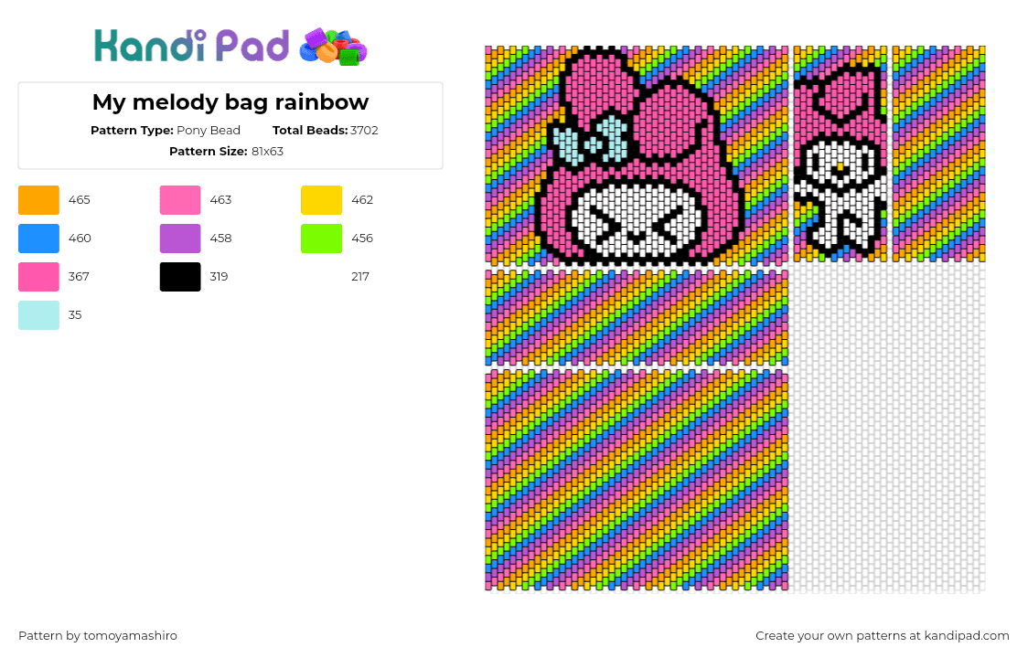 My melody bag rainbow - Pony Bead Pattern by tomoyamashiro on Kandi Pad - my melody,sanrio,diagonal,stripes,bag,panels,colorful,pink,green