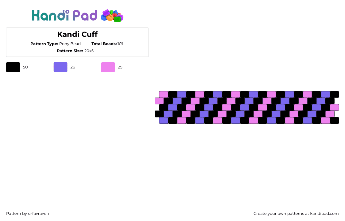 Kandi Cuff - Pony Bead Pattern by urfavraven on Kandi Pad - scene,diagonal,stripes,dark,bracelet,cuff,pink,purple,black