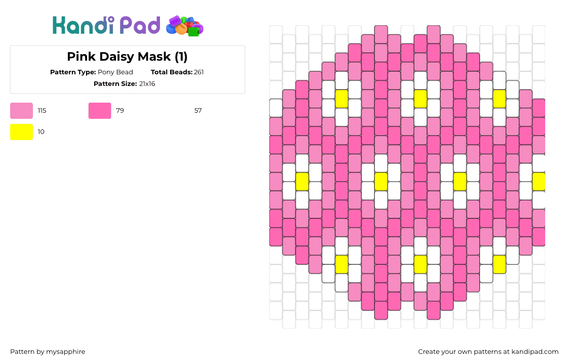 Pink Daisy Mask (1) - Pony Bead Pattern by mysapphire on Kandi Pad - daisies,flowers,mask,cute,spring,bright,pink,white,yellow