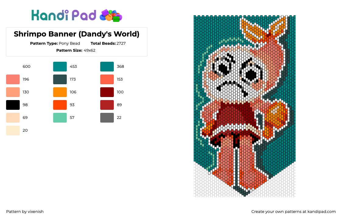 Shrimpo Banner (Dandy\'s World) - Pony Bead Pattern by vixenish on Kandi Pad - shimpo,dandys world,character,video game,horror,frown,thumb,banner,teal,orange,pink