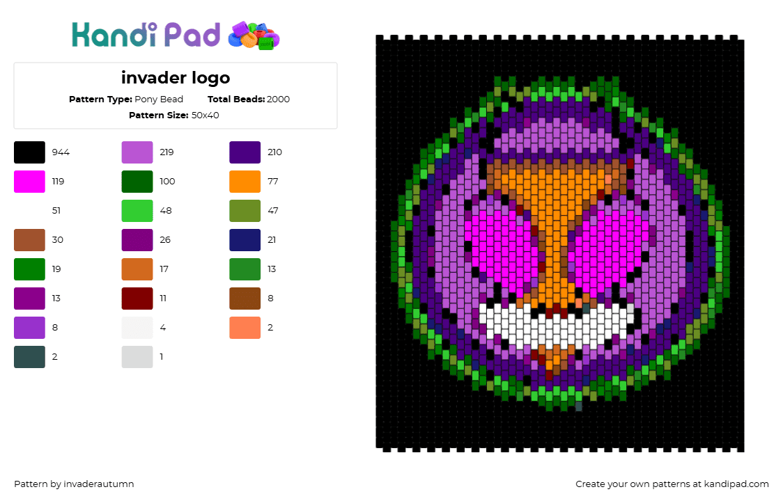 invader logo - Pony Bead Pattern by invaderautumn on Kandi Pad - invader,logo,invader zim,panel,cartoon,tv show,dark,black,orange,pink,green