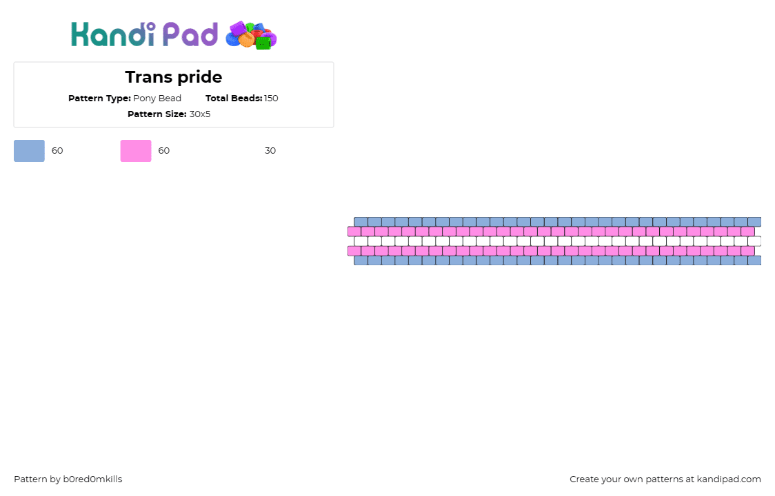 Trans pride - Pony Bead Pattern by b0red0mkills on Kandi Pad - trans,pride,horizontal,stripes,bracelet,cuff,community,pink,blue