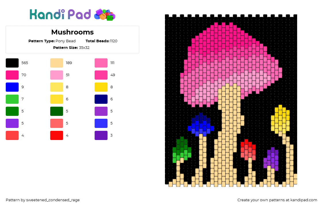 Mushrooms - Pony Bead Pattern by sweetened_condensed_rage on Kandi Pad - mushrooms,neon,nature,fungus,colorful,dark,panel,black,pink