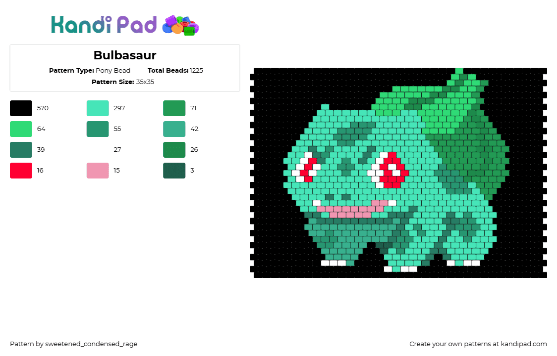 Bulbasaur - Pony Bead Pattern by sweetened_condensed_rage on Kandi Pad - bulbasaur,pokemon,character,gaming,panel,starter,green,black