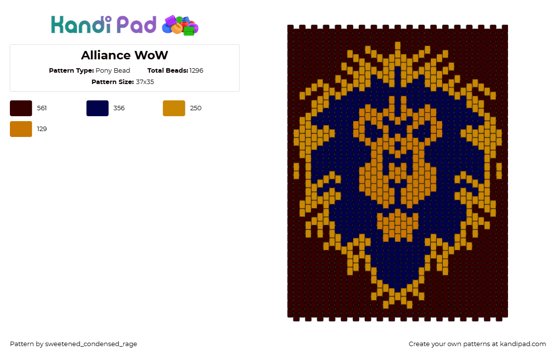 Alliance WoW - Pony Bead Pattern by sweetened_condensed_rage on Kandi Pad - alliance,world of warcraft,wow,lion,logo,symbol,panel,video game,orange,blue,brown