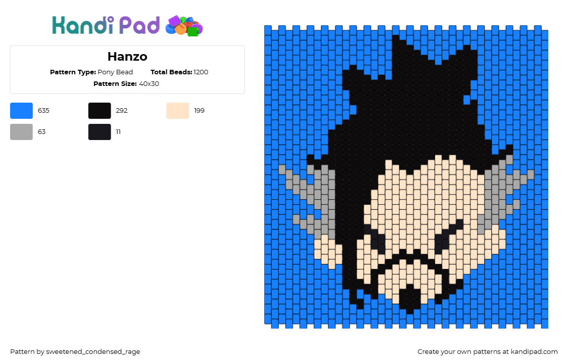 Hanzo - Pony Bead Pattern by sweetened_condensed_rage on Kandi Pad - hanzo,overwatch,video game,panel,head,character,blue,tan,black