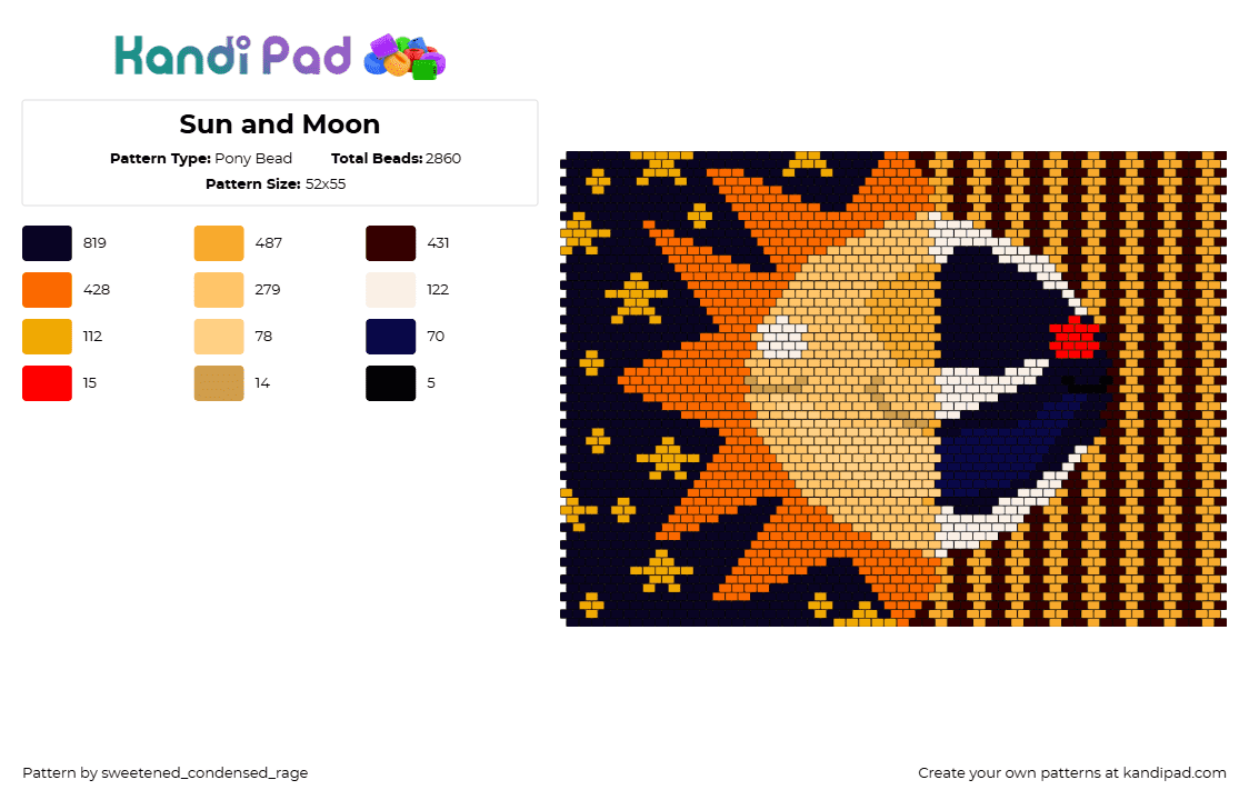 Sun and Moon FNaF - Pony Bead Pattern by sweetened_condensed_rage on Kandi Pad - sun,moon,fnaf,five nights at freddys,horror,video game,panel,bag,stripes,stars,orange,blue