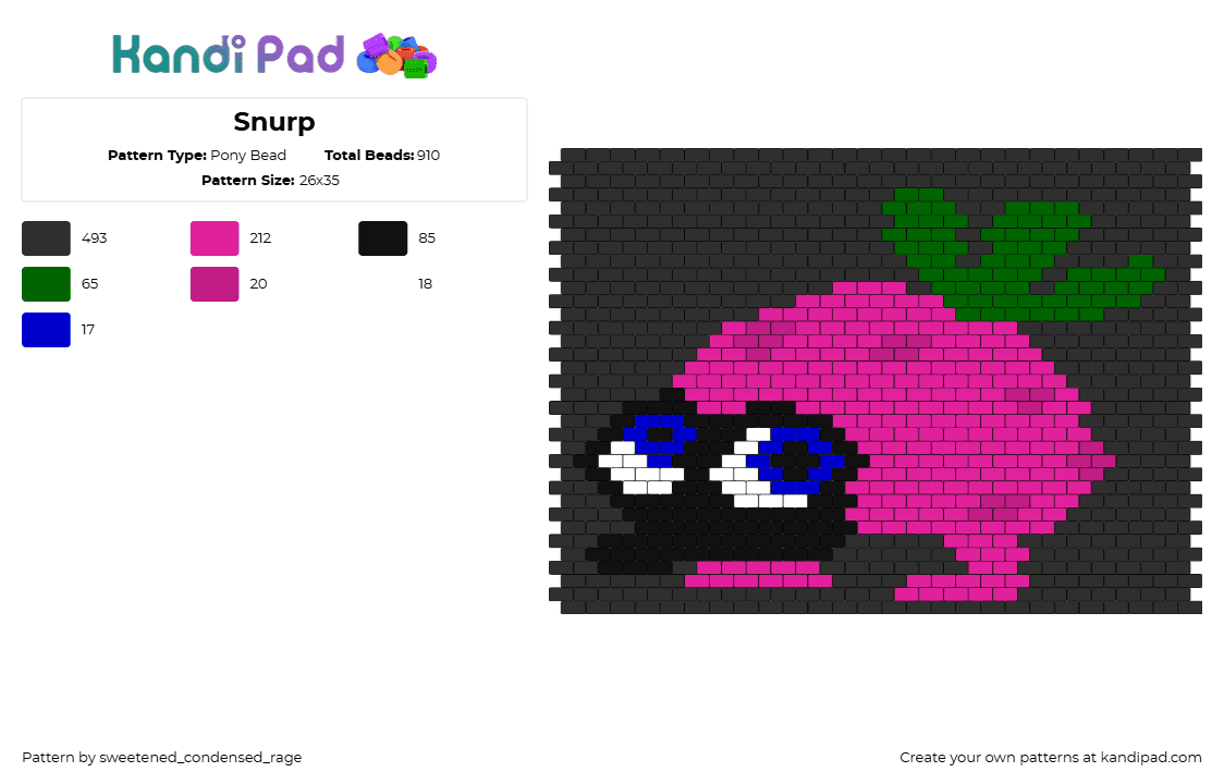 Snurp - Pony Bead Pattern by sweetened_condensed_rage on Kandi Pad - tasty snurp,miitopia,character,video game,nintendo,wii,panel,gray,pink,green