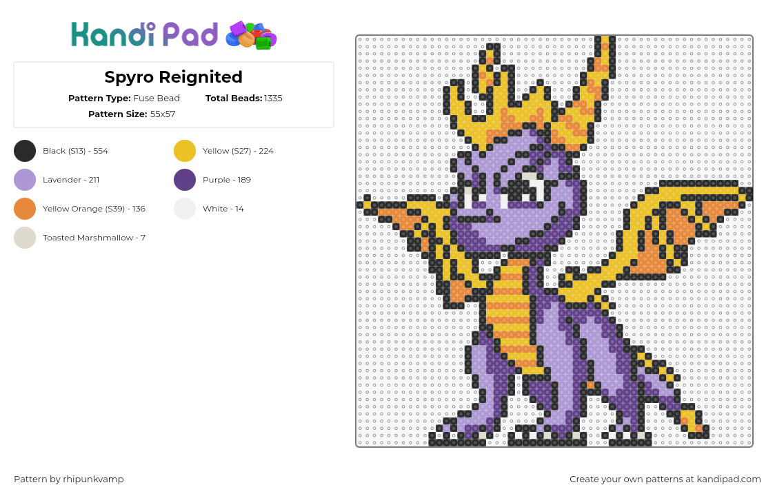 Spyro Reignited - Fuse Bead Pattern by rhipunkvamp on Kandi Pad - spyro,dragon,character,video game,winged,retro,nostalgia,purple,yellow,orange