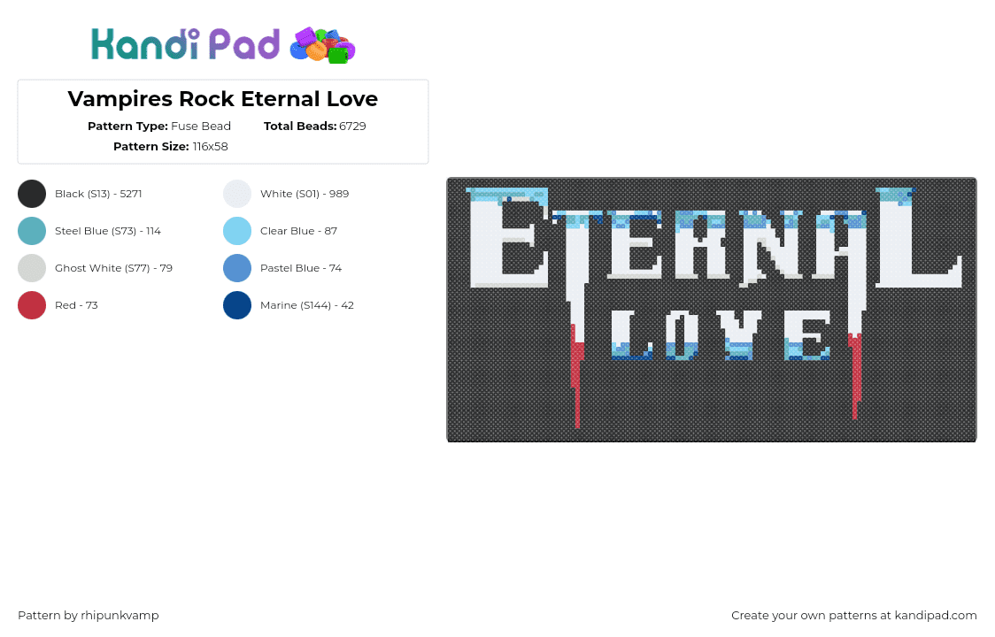 Vampires Rock Eternal Love - Fuse Bead Pattern by rhipunkvamp on Kandi Pad - eternal love,vampires rock,musical,logo,fangs,blood,text,white,red,teal