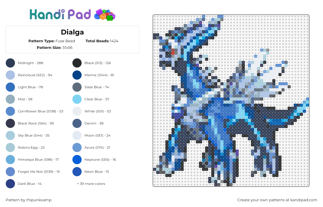 Dialga - Fuse Bead Pattern by rhipunkvamp on Kandi Pad - dialga,pokemon,gaming,character,blue