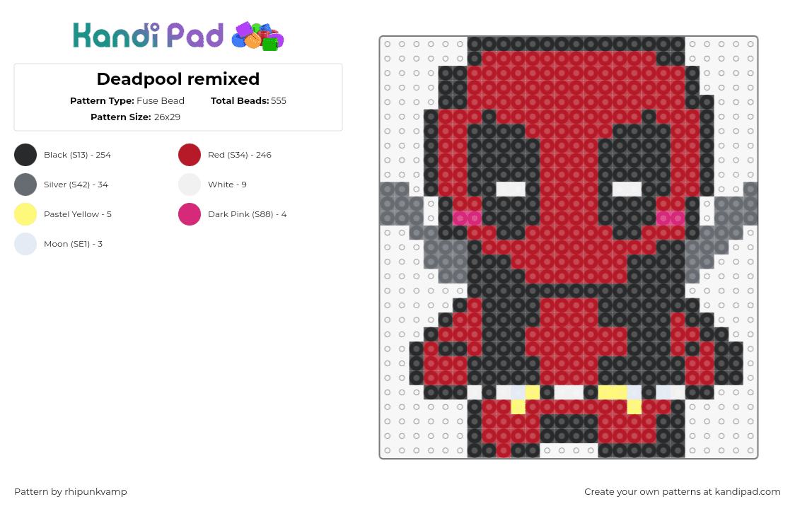 Deadpool remixed - Fuse Bead Pattern by rhipunkvamp on Kandi Pad - deadpool,marvel,chibi,character,superhero,comic,movie,red,black