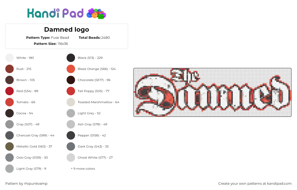 Damned logo - Fuse Bead Pattern by rhipunkvamp on Kandi Pad - damned,logo,music,band,white,orange