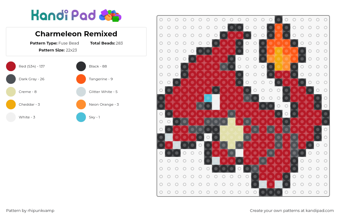 Charmeleon Remixed - Fuse Bead Pattern by rhipunkvamp on Kandi Pad - charmeleon,pokemon,evolution,character,gaming,charmander,flame,red,orange