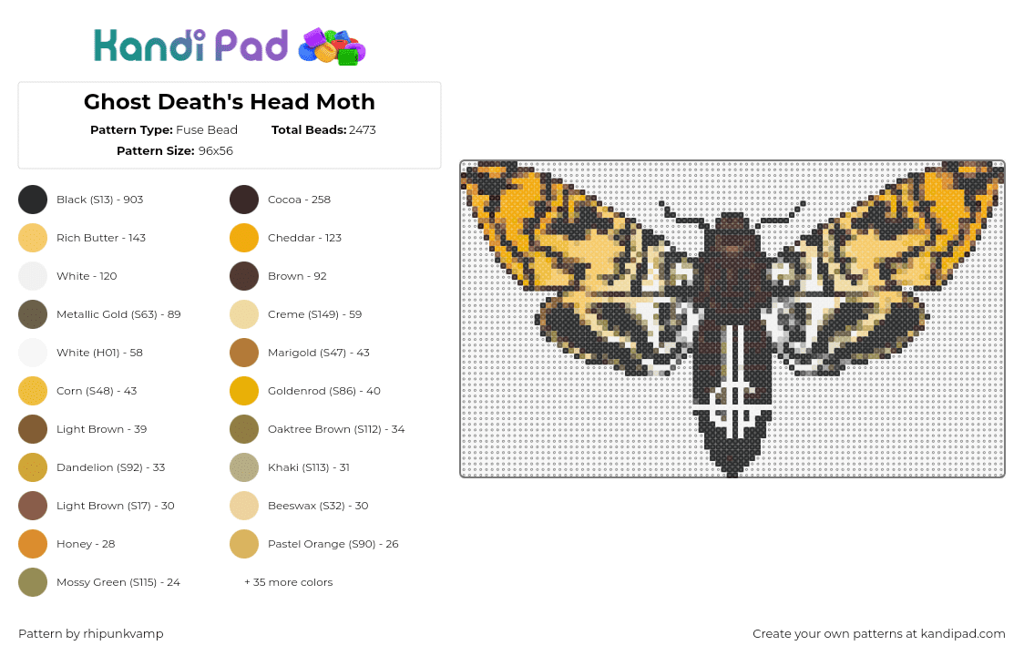 Ghost Death\'s Head Moth - Fuse Bead Pattern by rhipunkvamp on Kandi Pad - ghost,moth,band,music,insect,black,orange