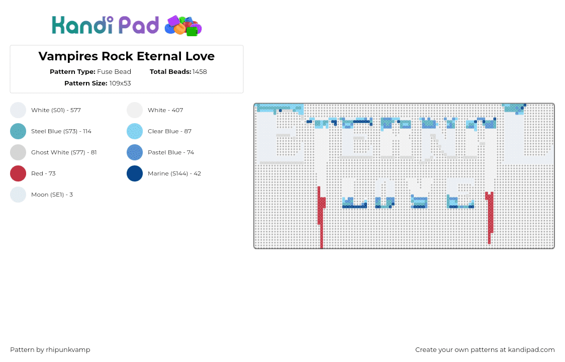 Vampires Rock Eternal Love - Fuse Bead Pattern by rhipunkvamp on Kandi Pad - eternal love,vampires rock,musical,logo,fangs,blood,text,white,red,teal