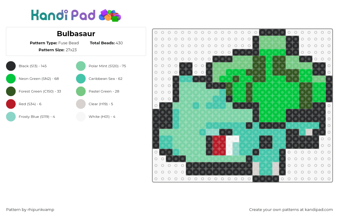 Bulbasaur - Fuse Bead Pattern by rhipunkvamp on Kandi Pad - bulbasaur,pokemon,character,gaming,cute,starter,green,teal