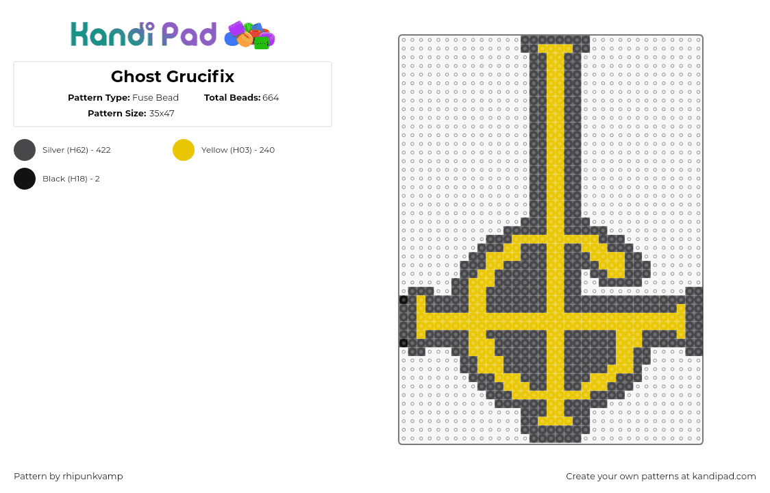 Ghost Grucifix - Fuse Bead Pattern by rhipunkvamp on Kandi Pad - grucifix,ghost,logo,symbol,band,music,metal,yellow,gold,gray