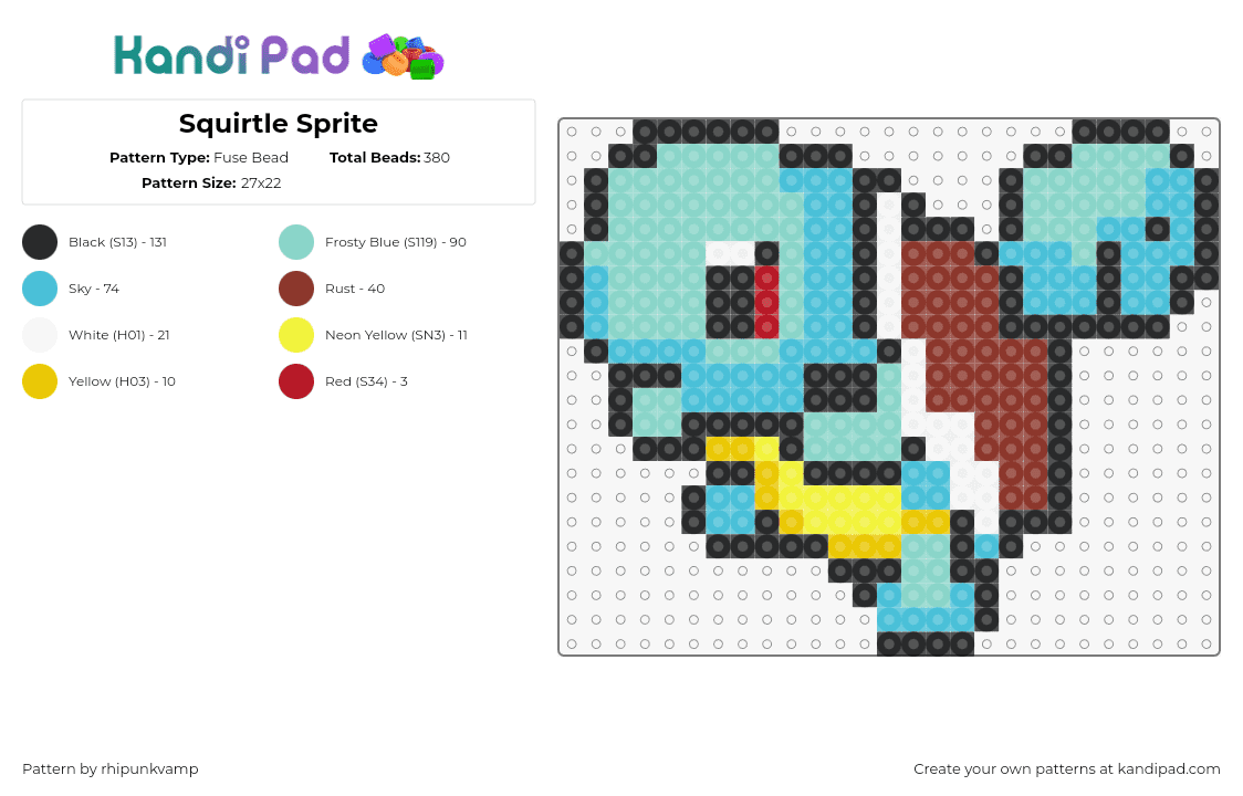 Squirtle Sprite - Fuse Bead Pattern by rhipunkvamp on Kandi Pad - squirtle,pokemon,character,gaming,cute,starter,light blue,brown