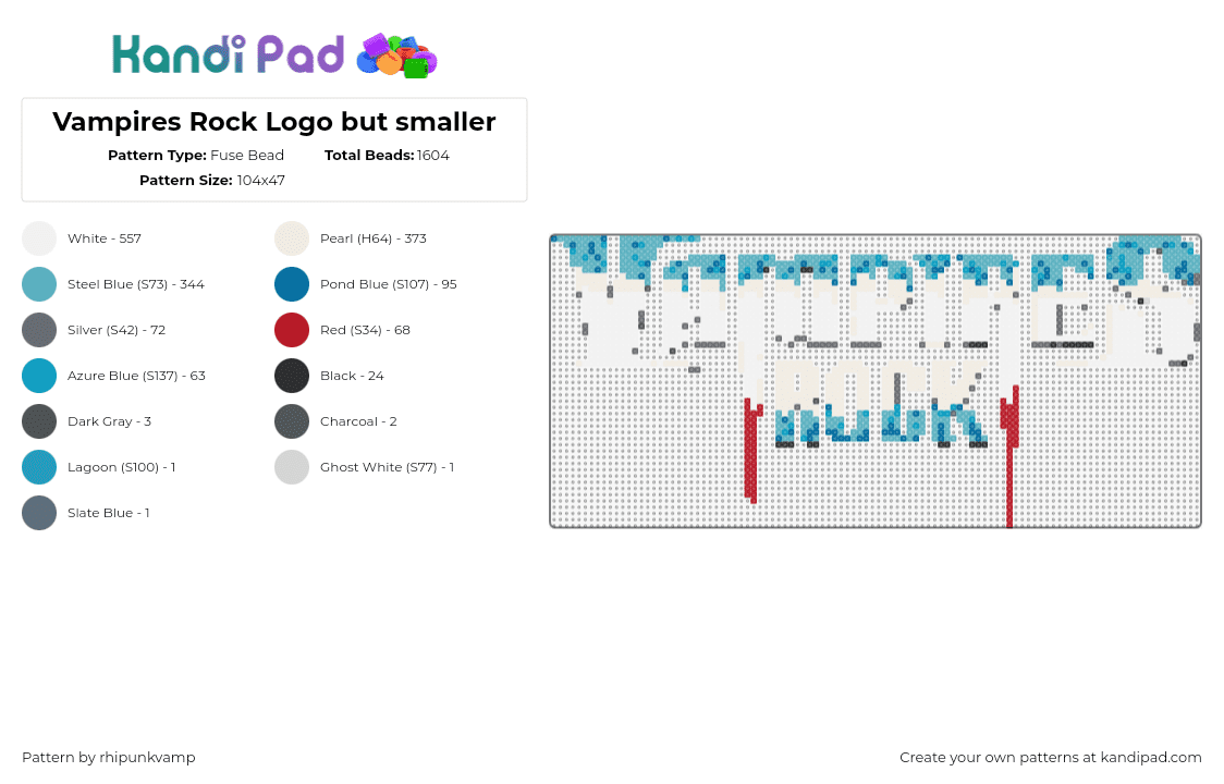Vampires Rock Logo but smaller - Fuse Bead Pattern by rhipunkvamp on Kandi Pad - vampires rock,musical,logo,fangs,blood,text,white,red,teal