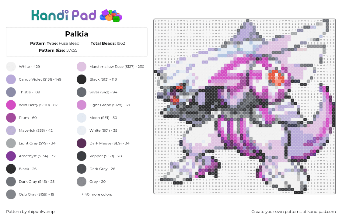 Palkia - Fuse Bead Pattern by rhipunkvamp on Kandi Pad - palkia,pokemon,gaming,character,pink,white