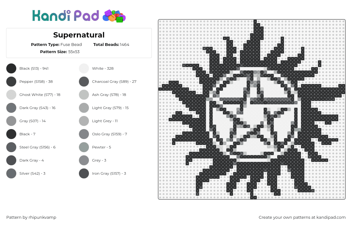 Supernatural - Fuse Bead Pattern by rhipunkvamp on Kandi Pad - supernatural,logo,star,pentagram,sun,silhouette,tv show,black