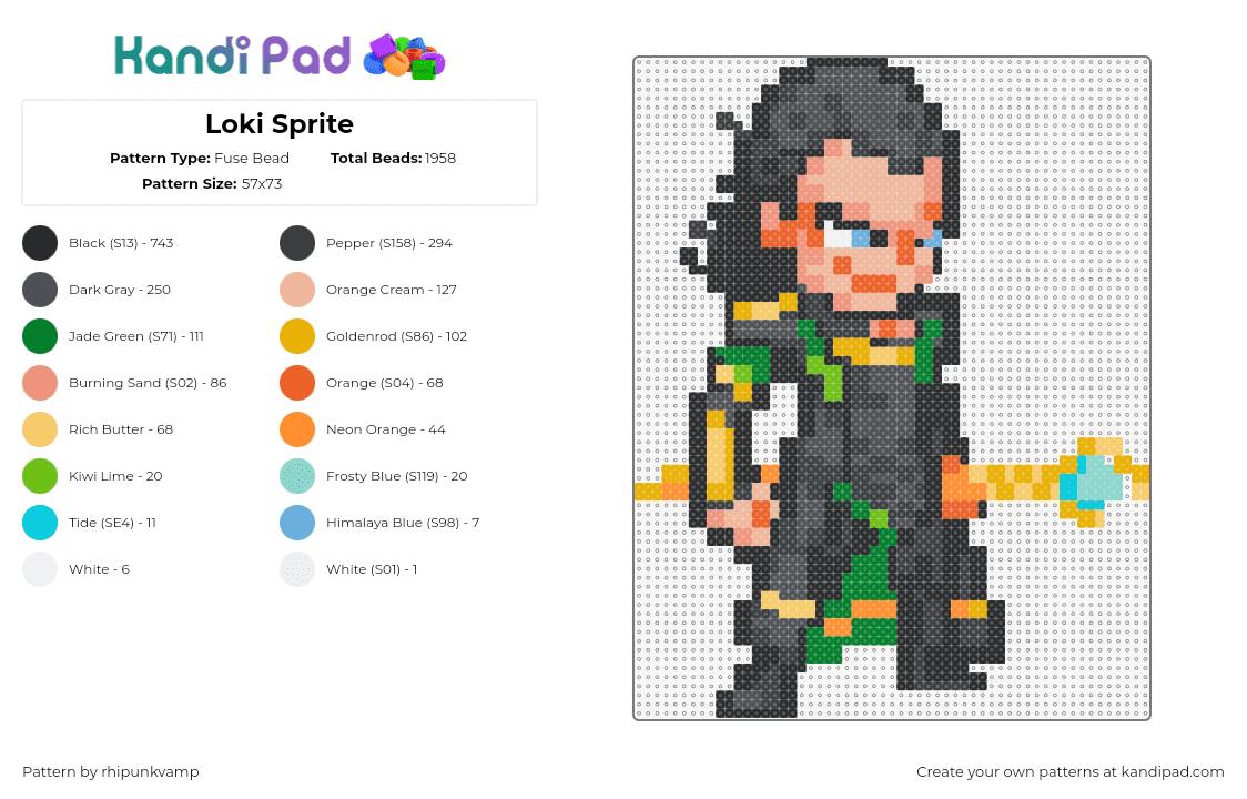 Loki Sprite - Fuse Bead Pattern by rhipunkvamp on Kandi Pad - loki,thor,villain,marvel,character,chibi,god,movie,staff,black,tan,gold