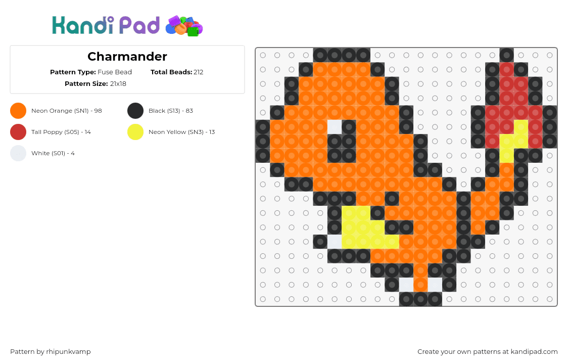 Charmander - Fuse Bead Pattern by rhipunkvamp on Kandi Pad - charmander,pokemon,character,gaming,cute,starter,flame,orange,yellow,red