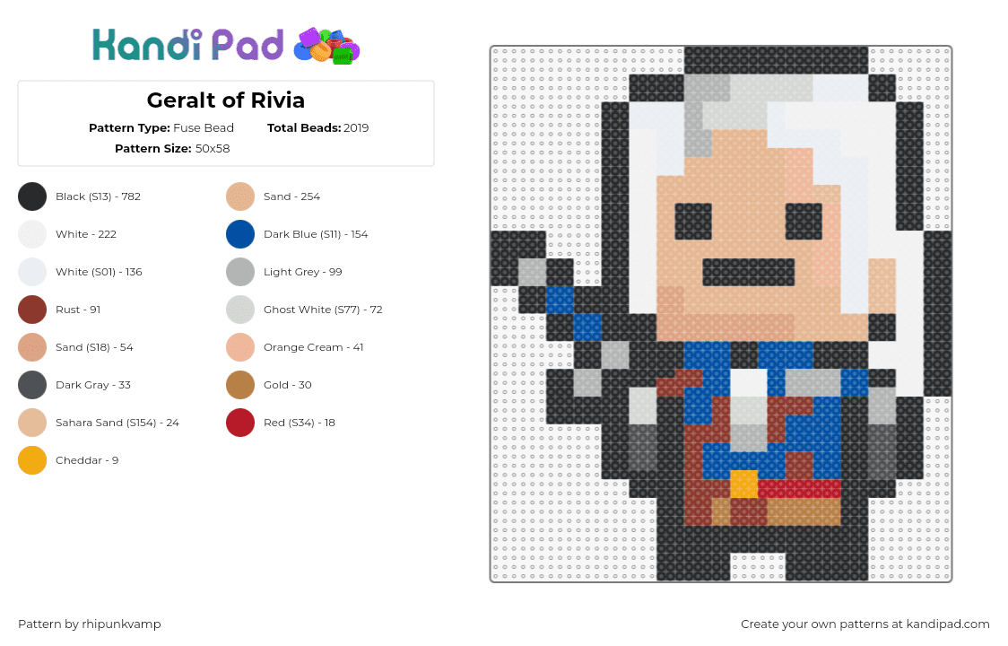 Geralt of Rivia - Fuse Bead Pattern by rhipunkvamp on Kandi Pad - geralt of rivia,witcher,chibi,character,video game,tv show,white,tan,blue