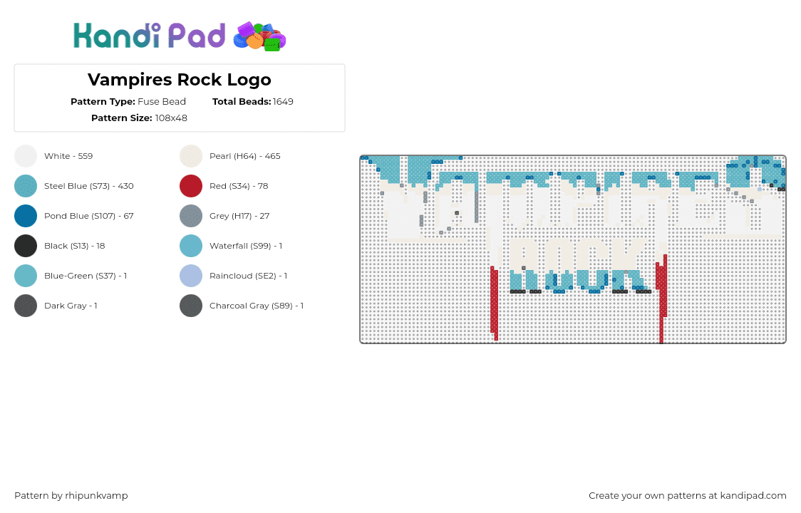 Vampires Rock Logo - Fuse Bead Pattern by rhipunkvamp on Kandi Pad - vampires rock,musical,logo,fangs,blood,text,white,red,teal
