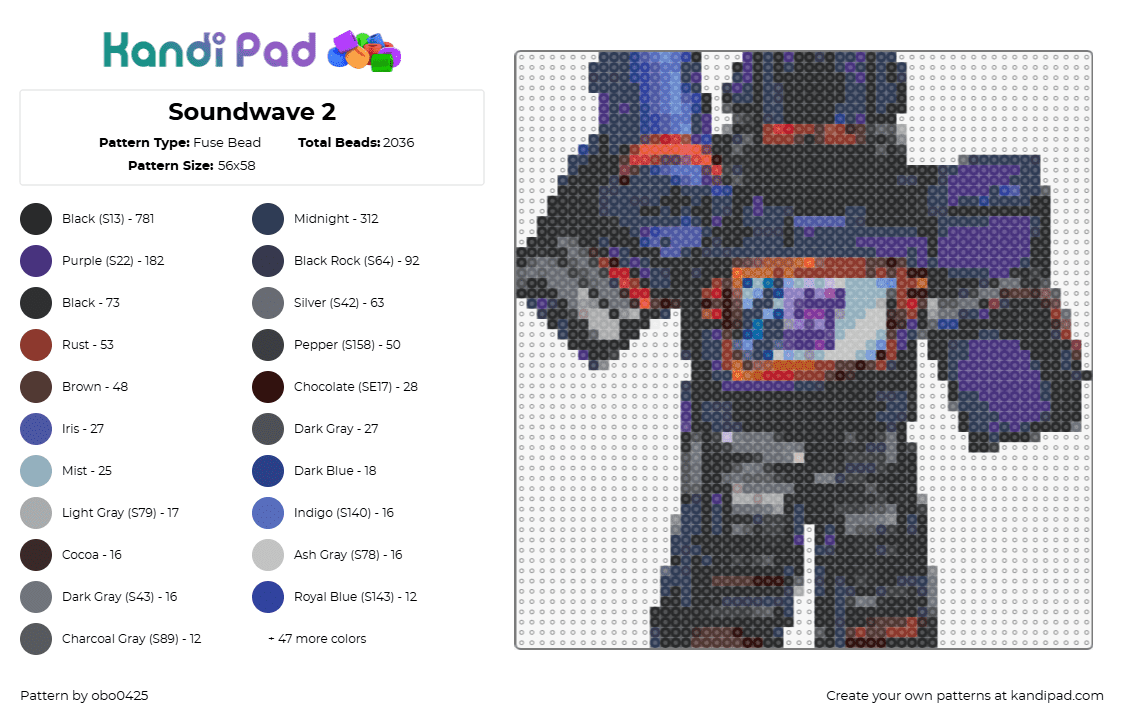 Soundwave 2 - Fuse Bead Pattern by obo0425 on Kandi Pad - soundwave,transformers,decepticon,robot,black,purple