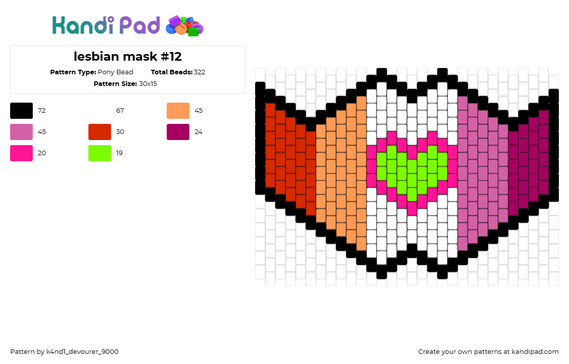 lesbian mask #12 - Pony Bead Pattern by k4nd1_devourer_9000 on Kandi Pad - lesbian,pride,mask,hear,orange,pink,green