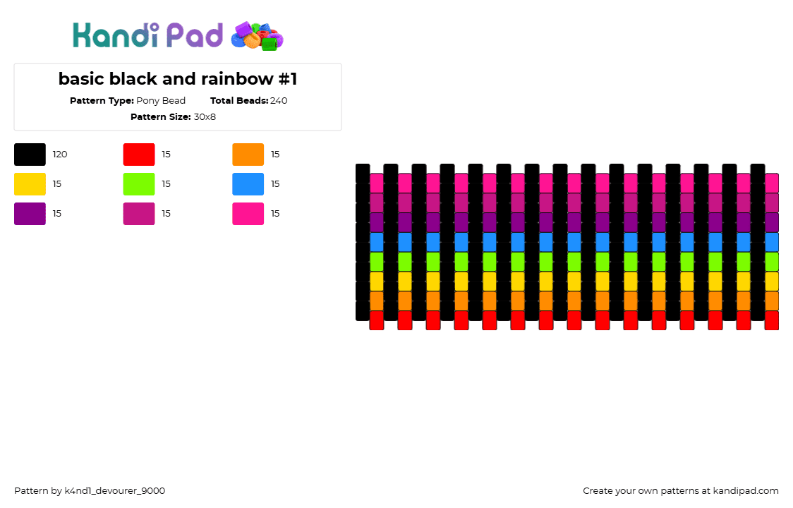 basic black and rainbow #1 - Pony Bead Pattern by k4nd1_devourer_9000 on Kandi Pad - vertical,stripes,rainbow,dark,cuff,black