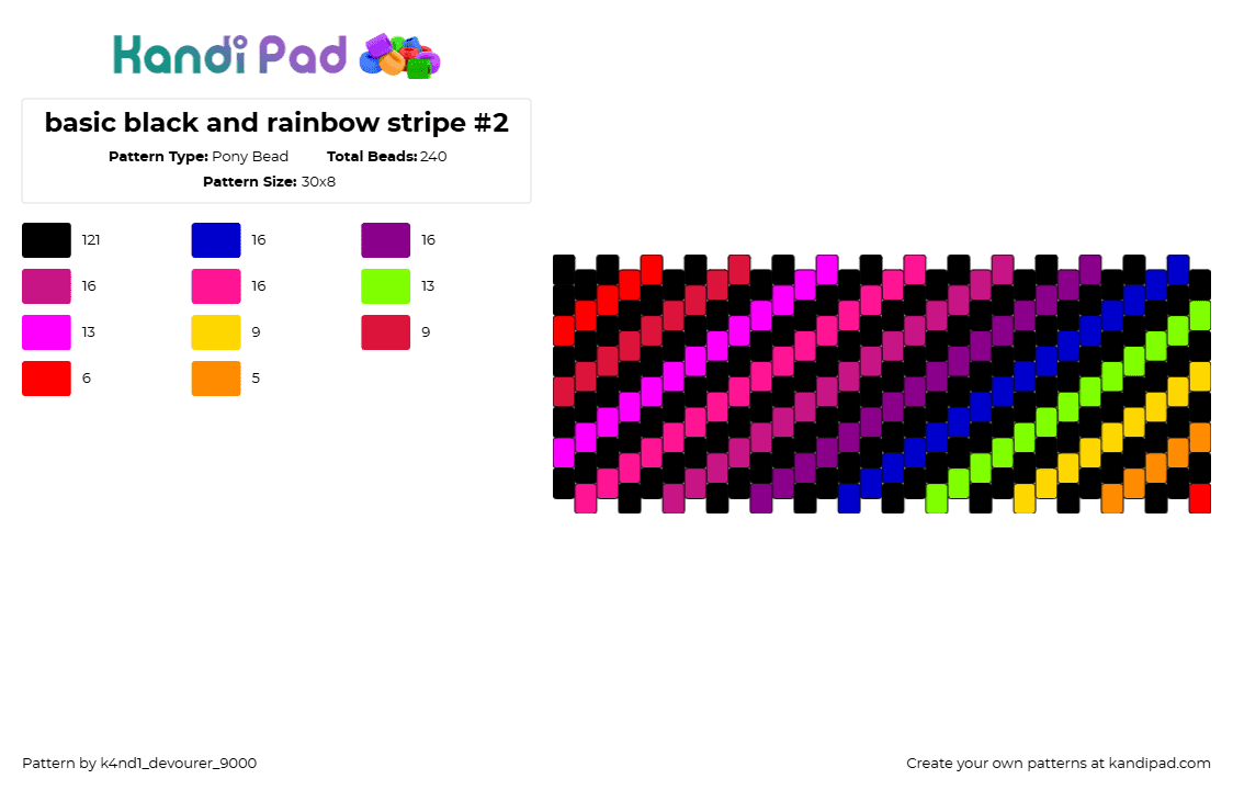 basic black and rainbow stripe #2 - Pony Bead Pattern by k4nd1_devourer_9000 on Kandi Pad - neon,diagonal,stripes,dark,cuff,colorful,black,pink