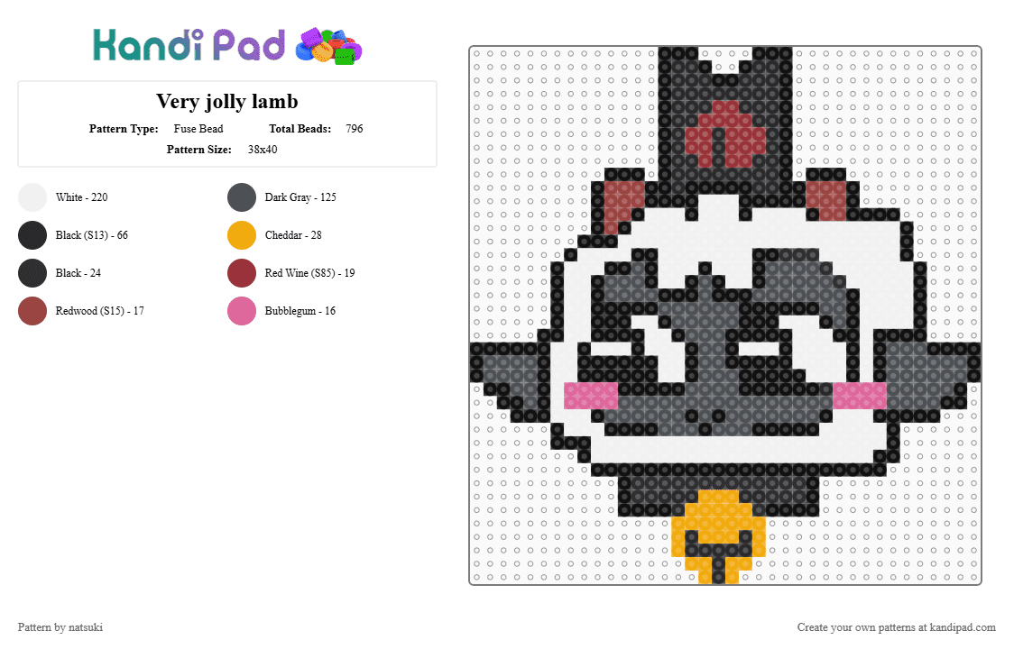 Very jolly lamb - Fuse Bead Pattern by natsuki on Kandi Pad - black, cult, cult of the lamb, cute, gray, lamb, sheep, the lamb, white